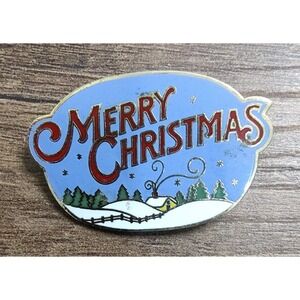 Gold Tone Oval Hallmark Merry Christmas Enamel Snow Scene Pin Brooch D1